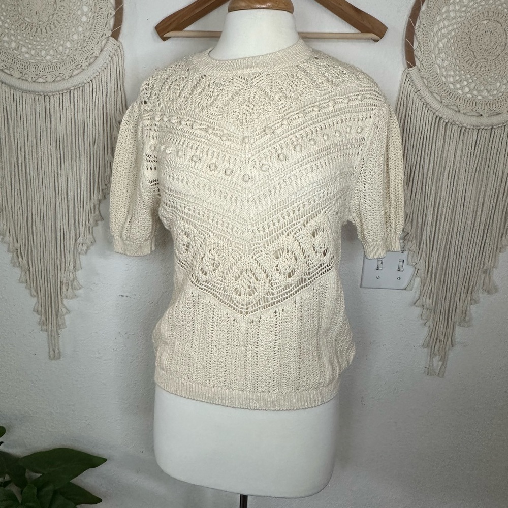 Zara cream open knit short sleeve dainty sweater medium loose fit